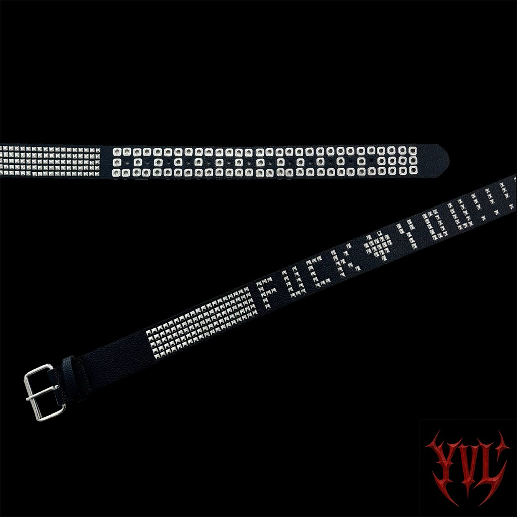 เข็มขัด Y2K “F*K U” Studded Leather Belt - Hip-Hop Style Unisex Perforated Strap