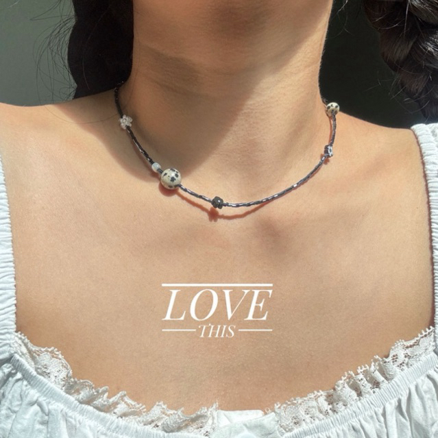 สร้อยคอ handmade มินิมอล ลูกปัดโทนสีดำ แต่งด้วยหินDalmatian Jasper แฟชั่นเรียบเท่ห์ มีเสน่ห์