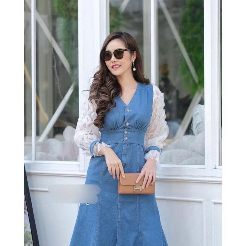 เดรสกระโปรงยีนส์ตัวยาว แขนแต่งตาข่าย ชายกระโปรงระบาย S-2XL - รูปที่ 2