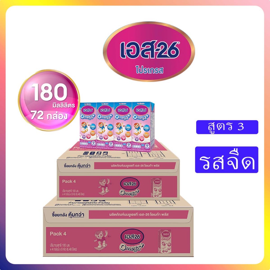 (2ลัง) นมUHT S26 (สีม่วง) สูตร3 ขนาด180มล. รวม72กล่อง