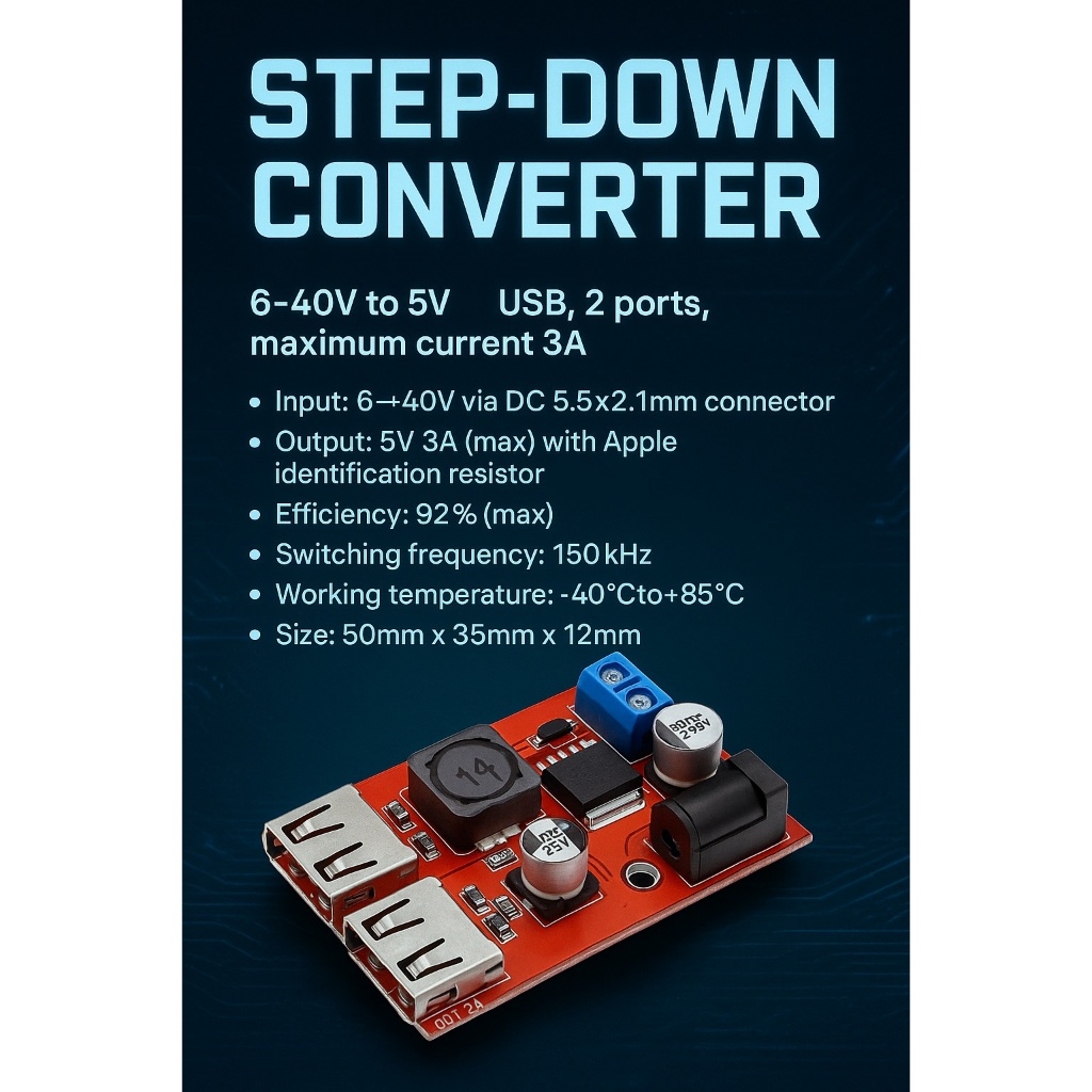 โมดูลแปลงไฟ DC-DC Step-Down 6V-40V เป็น 5V 3A (2 ช่อง USB)