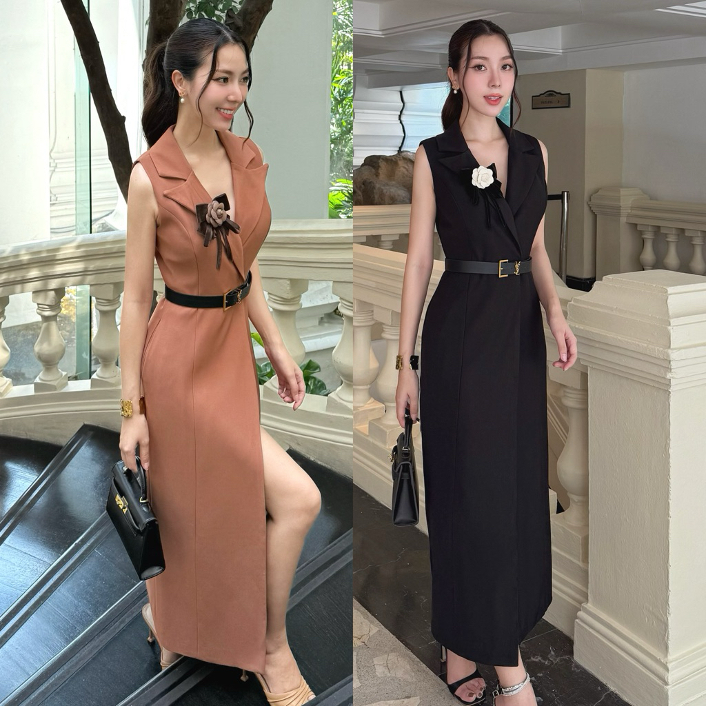 A-9559 ชุดสูท ชุดทำงาน เดรสแขนกุด  ชุดออกงาน สูทสีดำ สูทสีน้ำตาล สูทผู้หญิง ชุดทำงานผู้หญิง
