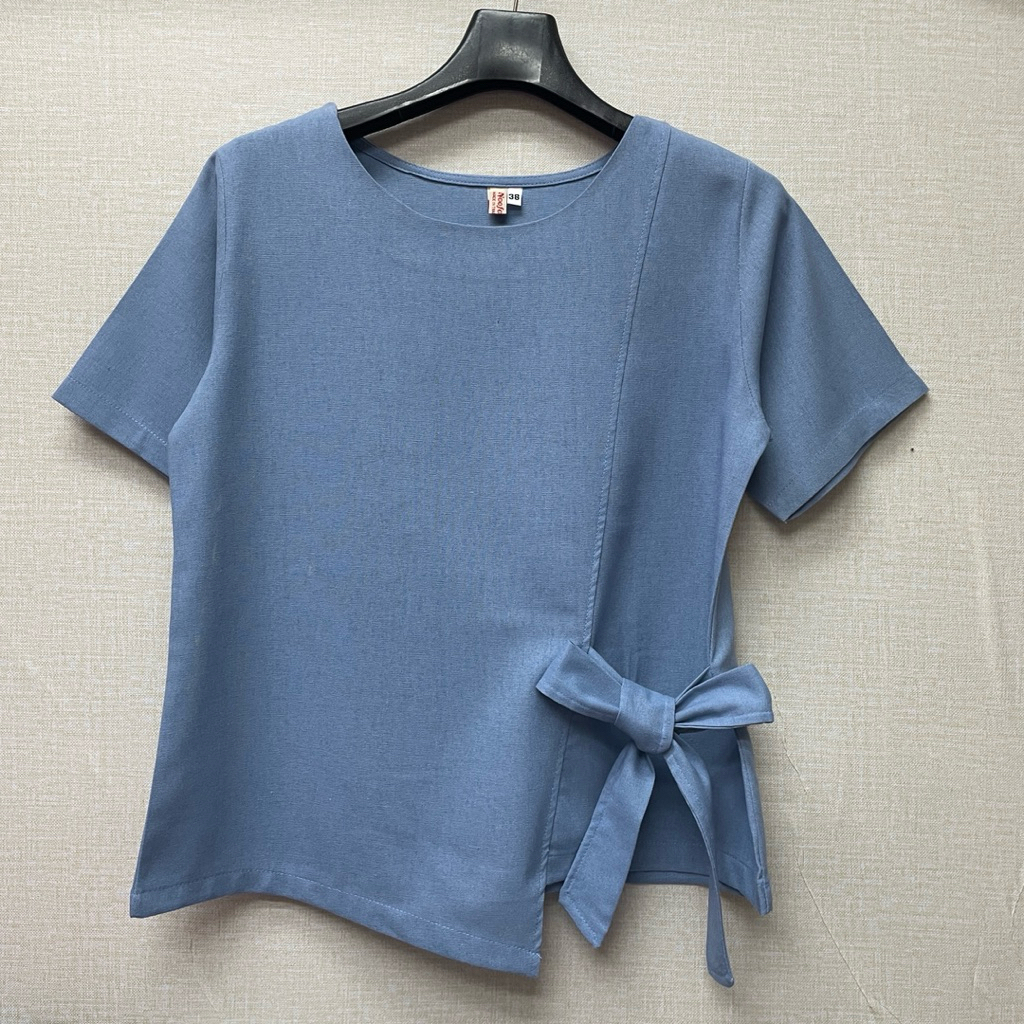 เสื้อคอกลมแขนสั้น รุ่นโบหน้า เสื้อลินินผสมฝ้าย100% สีพื้น สินค้าไทย สวยเก๋ทันสมัย มีไซร์ 38-46 นิ้ว งานพร้อมส่ง