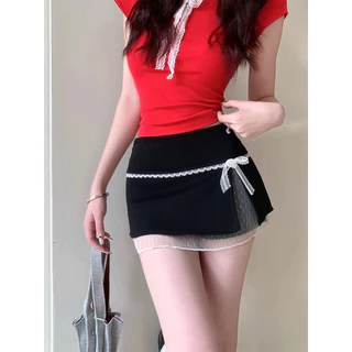 STR พร้อมส่ง🍑💞กระโปรงมินิ แต่งลูกไม้ ติดโปว์ กระโปรงสั้นทรงเอ ทรงรัดรูป มีกางเกงซับใน สีพื้น Y2K Skirt เซ็กซี่สุดๆแก๋ๆ
