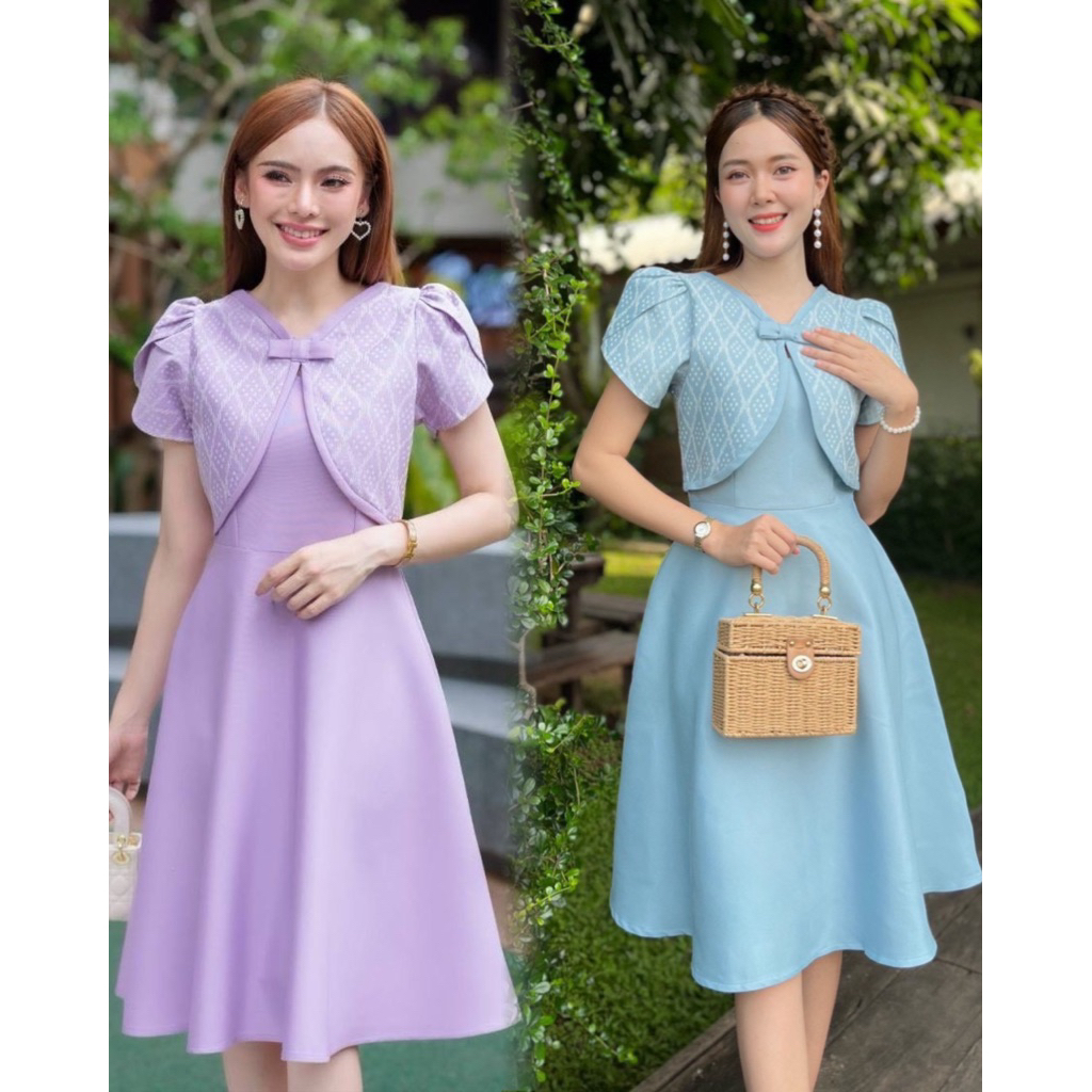 N527 สุพรรณษาเดรสผ้าไทยผ้าทอลายสีฟ้า สีม่วงแต่งกั๊ก กระโปรงบานทรงย้วยสวยมาก อัดกาวทั้งชุด ThaiDress Dress