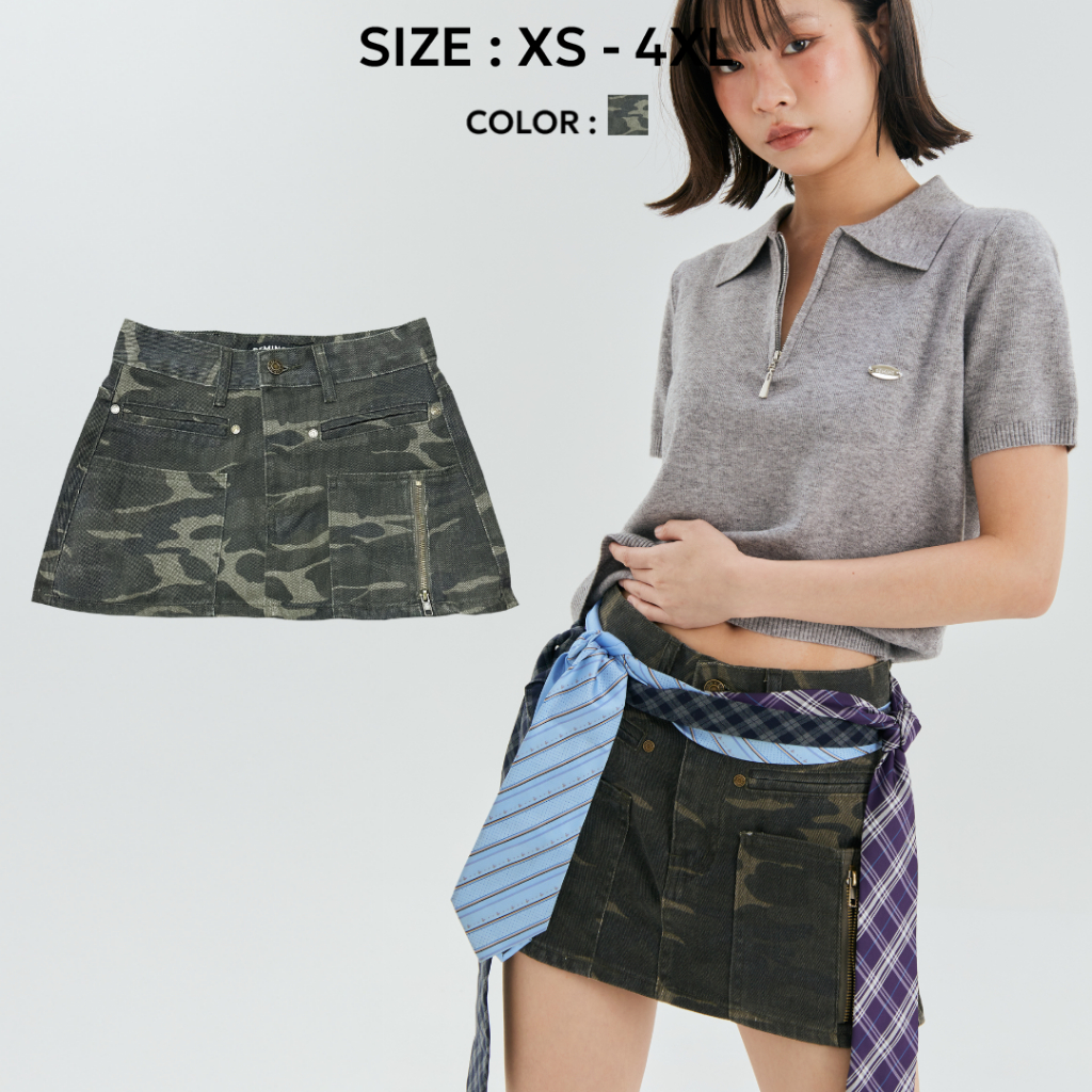 Bemingjeans079(XS-4XL)-Army Doll Skirt – กระโปรงยีนส์ลายพรางสุดเท่