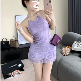 YODO จั๊มสูทแขวงคอลูกไม้ กระโปรงสายเดี่ยวแต่งลูกไม้สีม่วงเซ็…