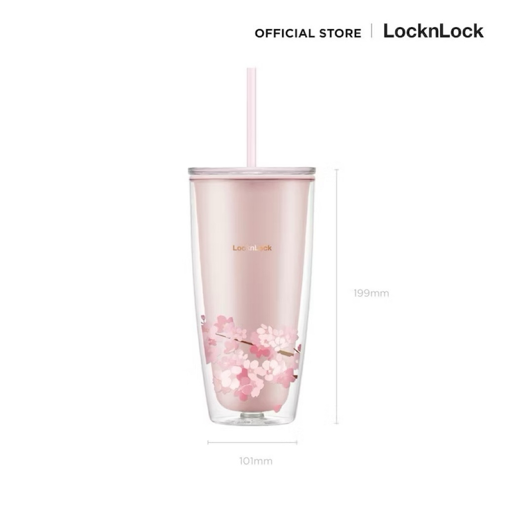 LocknLock แก้วพลาสติก 2 ชั้นลายซากุระ พร้อมหลอด Double Wall Cold Cup 720 ml.