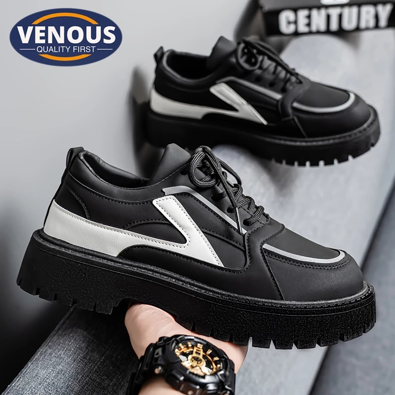 【Venous】2025 New Original รองเท้าหนังดำแบบสบายๆ สำหรับผู้ชาย รองเท้าหนังแฟชั่นดำ รองเท้าหนังคุณภาพดี รองเท้าหนังหนา