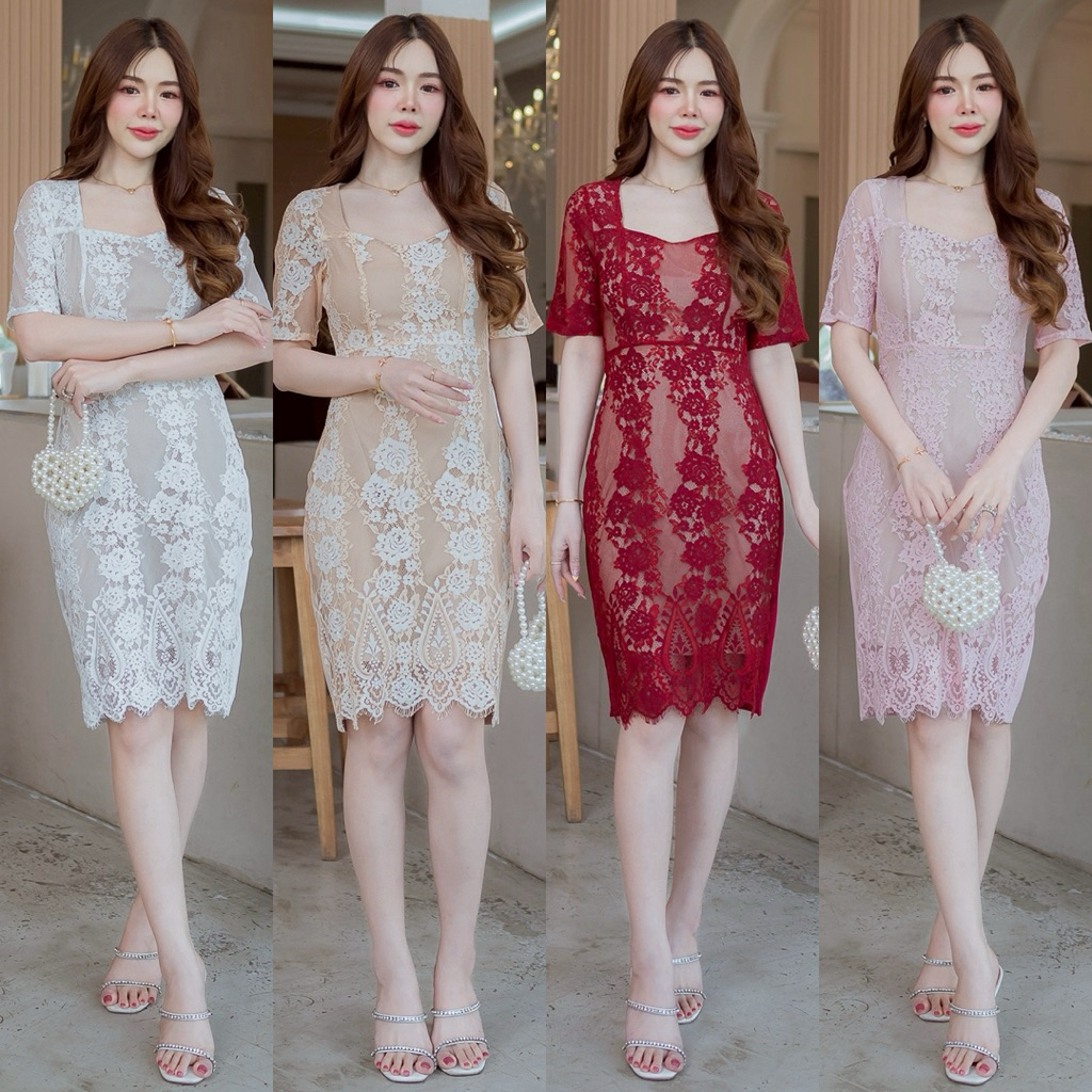 253 เดรสลูกไม้แขนสั้นแต่งคอเหลี่ยม (ซับในทั้งตัว)