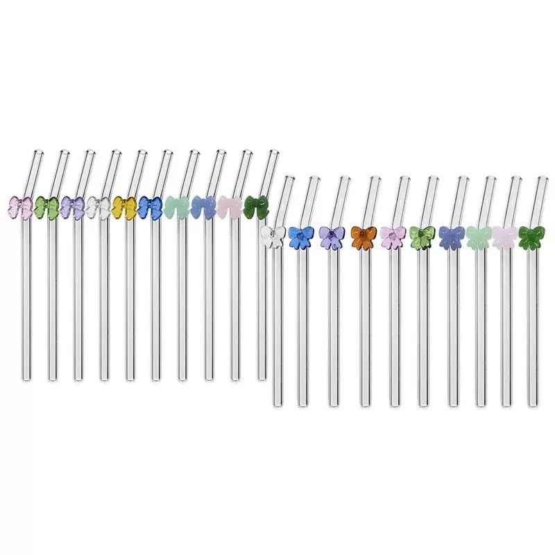 ชุดหลอดแก้ว มีแปรงล้างหลอด หลอดลายโบว์ หลอดรูปผีเสื้อ หลอดแก้วดูดน้ำ หลอดเครื่องดื่ม ทนต่ออุณหภูมิ Straw - รูปที่ 4