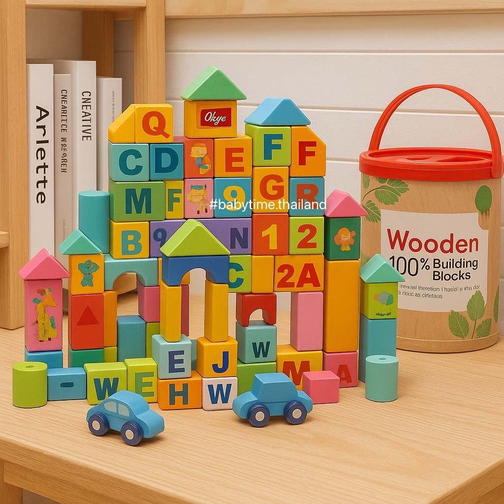 🚚Babytime 100 ชิ้น บล๊อคไม้สร้างเมือง  ของเล่นไม้ เสริมพัฒนาการ สีพาสเทล