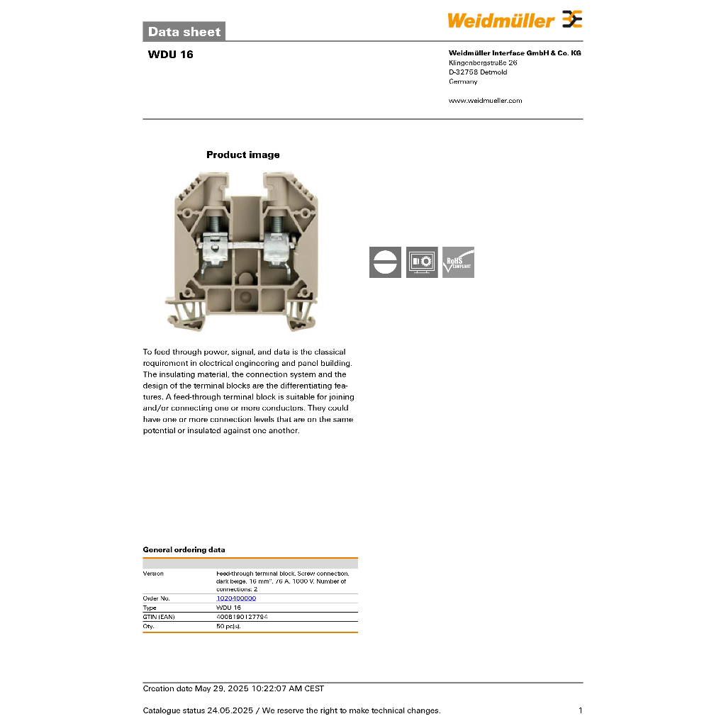 "WEIDMUELLER" WDU16 Feed-through terminal block (ราคาต่อ1ชิ้น)***สามารถออกใบกำภาษีได้ต้องยอด500บาทค่