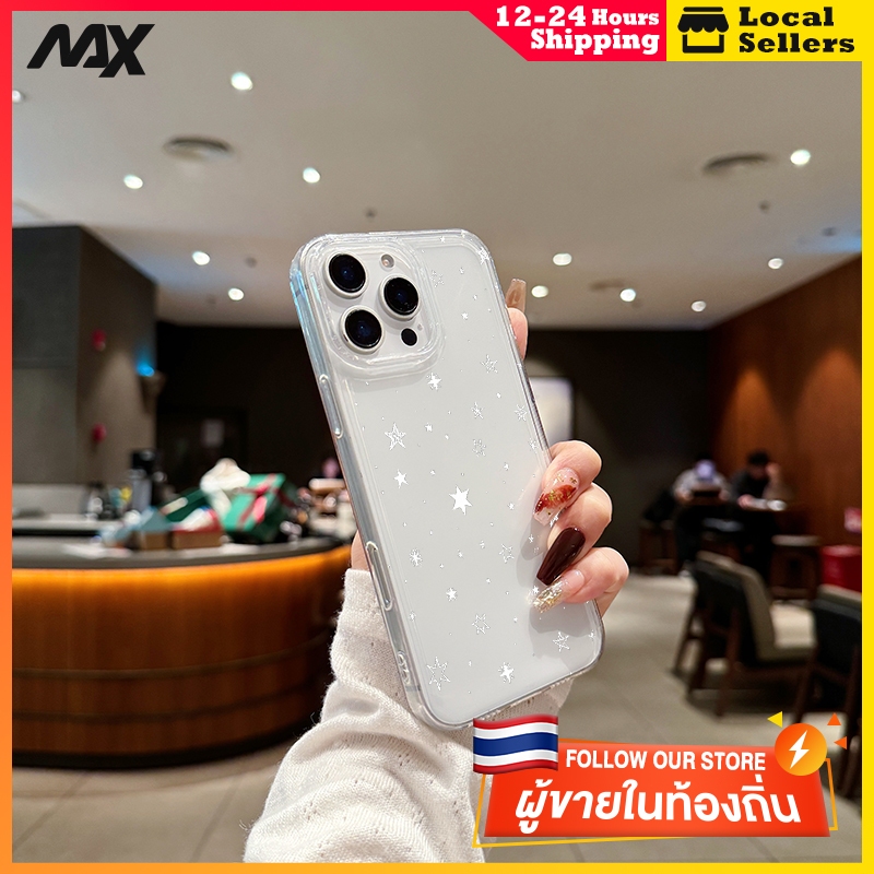 ส่งจากไทย ปุ่มชุบไฟฟ้า TPU นิ่มกันกระแทก เคสโทรศัพท์ เข้ากันได้กับ iPhone 11 12 13 14 15 Pro Max XR XS X 7 8P ดาวห้าแฉก
