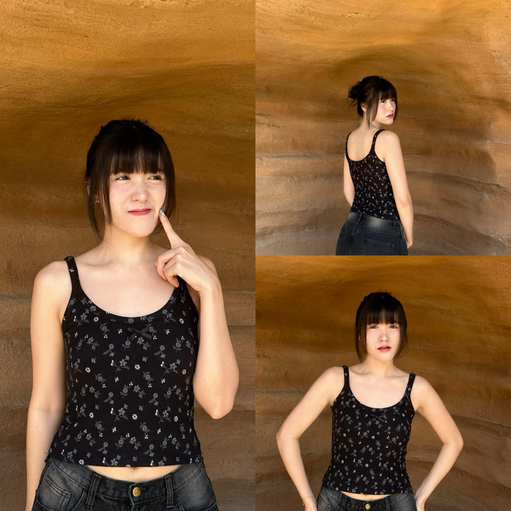 Mabeau - Flower bra tank top สายเดี่ยวมีฟองน้ำลายดอกไม้ ดีเทลแต่งโบว์