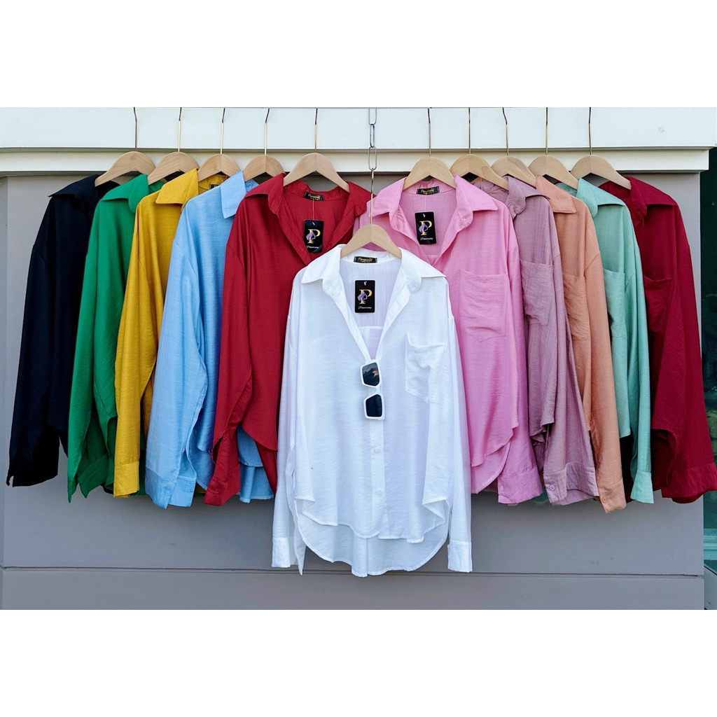 (อก 50“) เสื้อเชิ้ตแขนยาว Over size" (ผ้าสลาฟ) 🍭 แต่งกระเป๋า กระดุมหน้า!!
