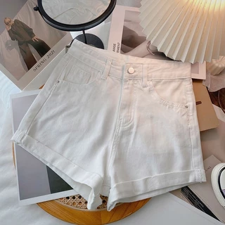 REKIO S-6XL(25-39) ผู้หญิงเกาหลีกางเกงยีนส์ขาสั้น เอวสูงเรียบๆกางเกงขาสั้น