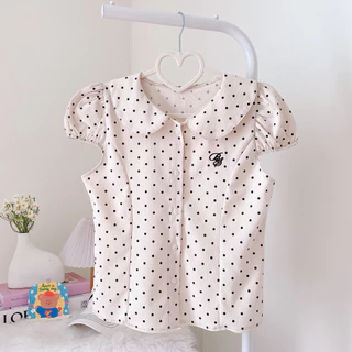 ☁️🖤#เสื้อPolka dot ☁️🖤 #เสื้อคอบัว แขนตุ๊กตา #ลายจุด น่ารัก