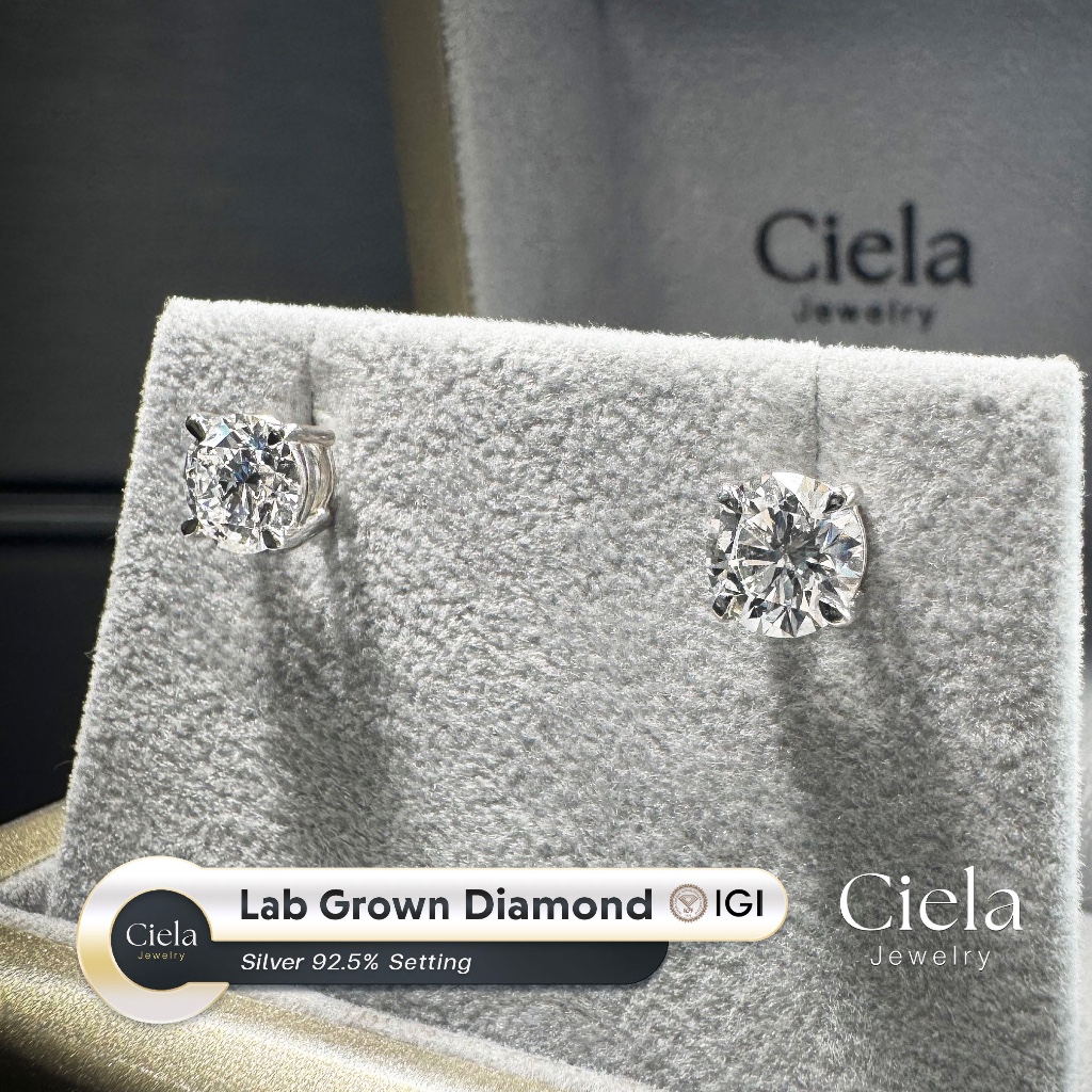 ต่างหู Stud เพชร Lab Grown (CVD) Round Brilliant Cert. IGI น้ำ100 VVS2 Silver 92.5% 𝐂𝐢𝐞𝐥𝐚 𝐉𝐞𝐰𝐞𝐥𝐫𝐲