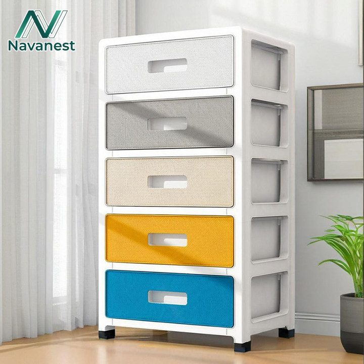 Navanest เพิ่มหนาตู้ลิ้นชักพลาสติก 5/4/3 ตู้เก็บของแบบใสลิ้นชักเอนกประสงค์ มีล้อ ป้องกันฝุ่นและโปร่ง