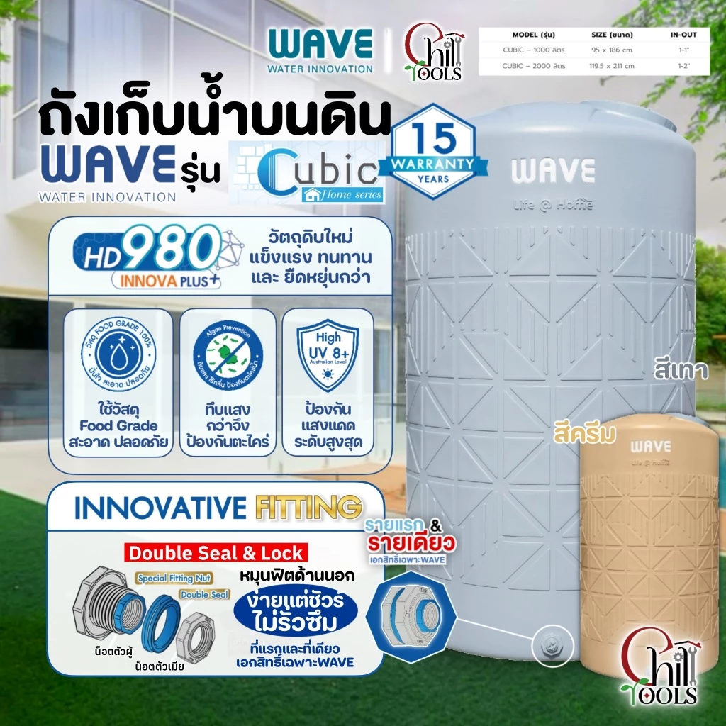 ส่งฟรี!! ถังเก็บน้ำ WAVE รุ่น CUBIC คิวบิค สีเทา และ สีเบส ถังหนาพิเศษ ขนาด 1000ลิตร 2000ลิตร