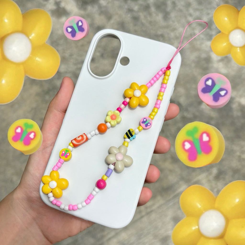 Piing me Camera/Phone Charm | สายห้อยมือถือและสายคล้องกล้องลูกปัดโทนสีชมพู/เหลืองตกแต่งลูกปัดลายดอกไม้ (ร้อยเชือกล้วน)