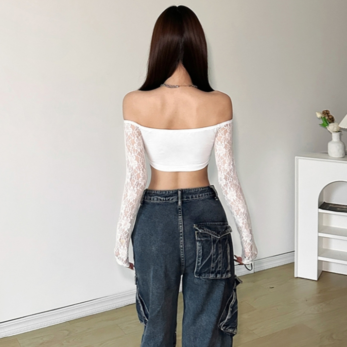 Dailywear พร้อมส่ง✨ เสื้อครอปเปิดไหล่ สำหรับผู้หญิง ลูกไม้ลายดอกไม้ เชียร์ แขนยาว ทรงเตี้ย เสื้อยืดครอป - รูปที่ 6