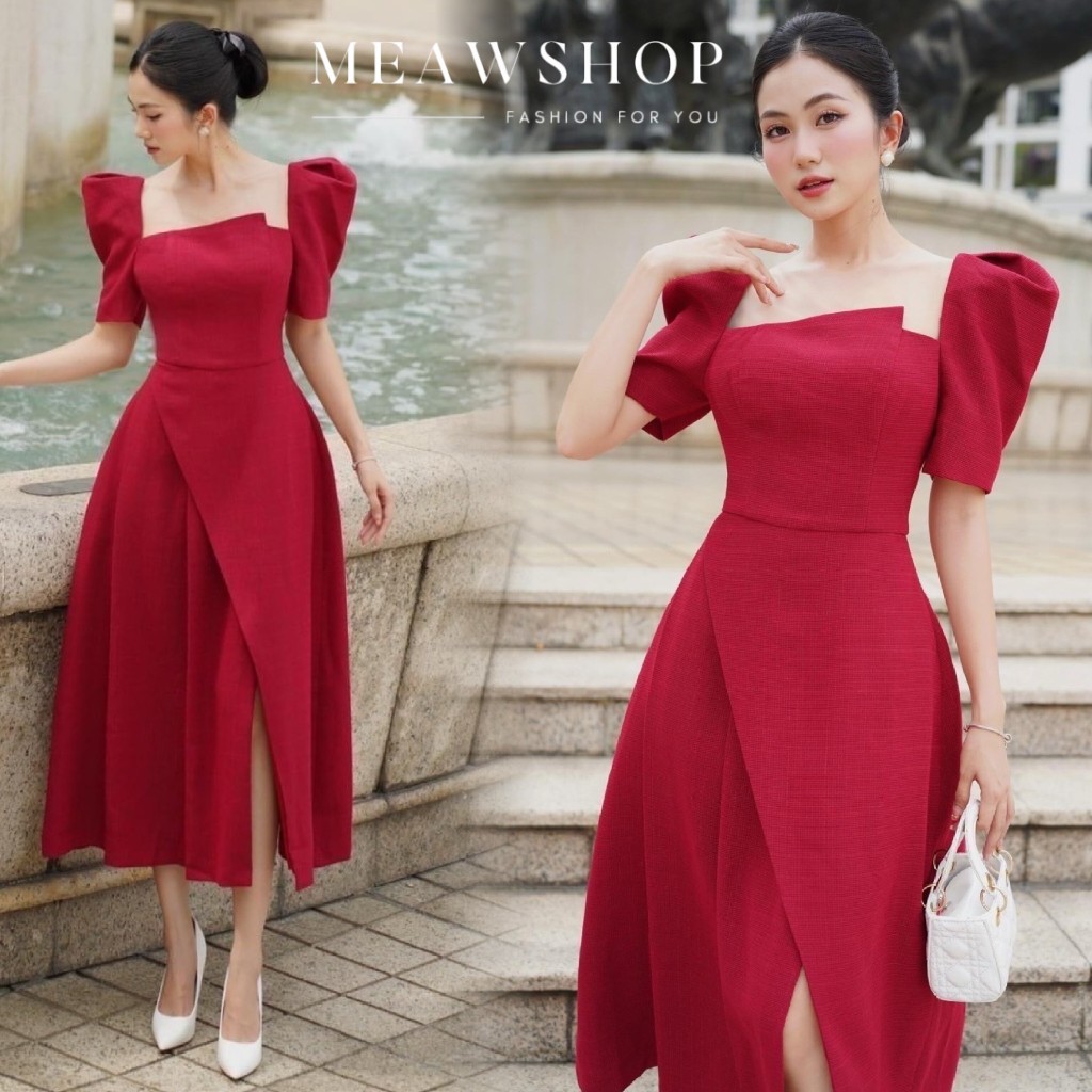 S-XL เดรสแขนตุ๊กตา สีแดง ทรงผ่าหน้า ราชนิกูล ดูแพงสุดๆ ชุดออกงาน ชุดไปงาน ธีมสีแดง ชุดทำงานผู้หญิง ช