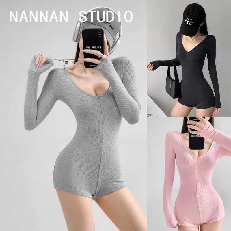 ชุดออกกำลังกาย บอดี้สูท (ผ้าคุณภาพดี) แขนยาวผู้หญิง แต่งซิปหน้า ยืดหยุ่น ชุดไปยิม เสื้อโยคะ