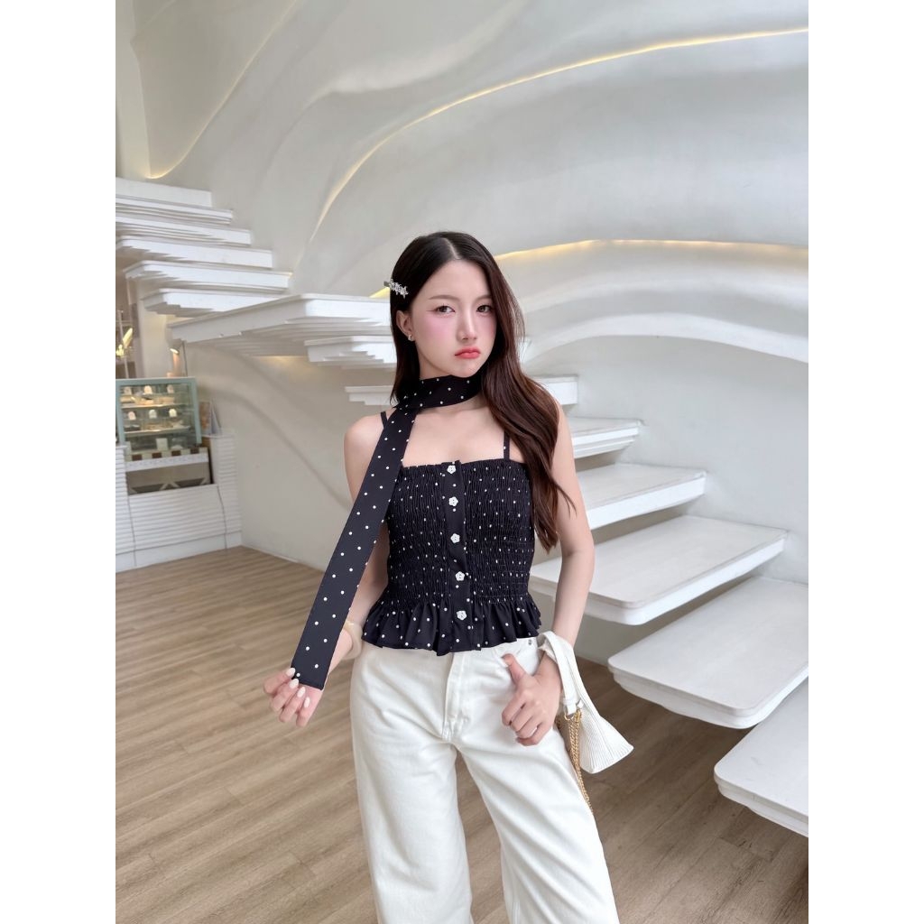 เสื้อสายเดี่ยวลายจุด+ผ้าผูกโบว์ - รูปที่ 2