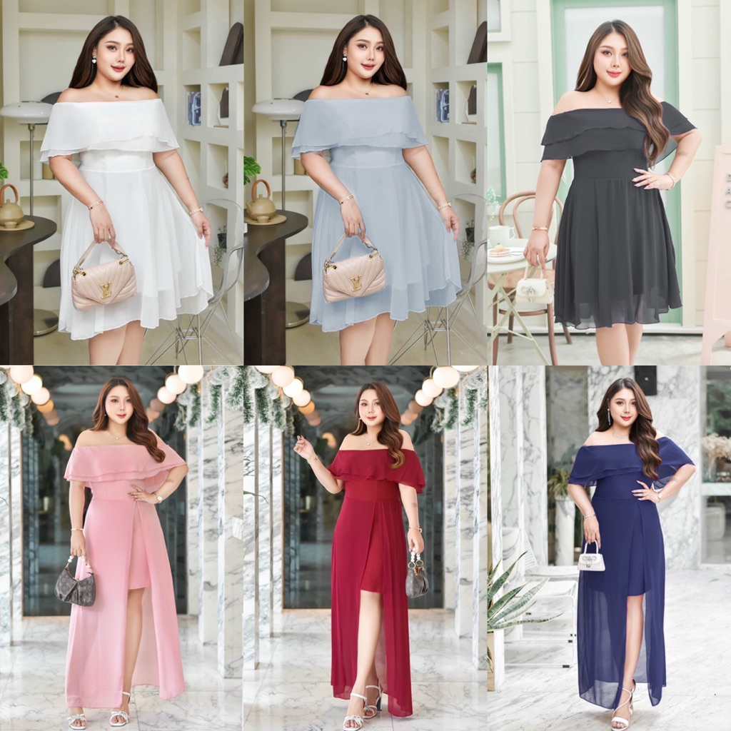 ✅เข้าเพิ่มค่า /BF/ เดรสปาดไหลแต่งระบายชีฟอง2ชั้น 2แบบ สั้น ยาว ใส่ไปงานแต่ง งานหมั้น ไปเดท สาวอวบอ้วน อก40-48