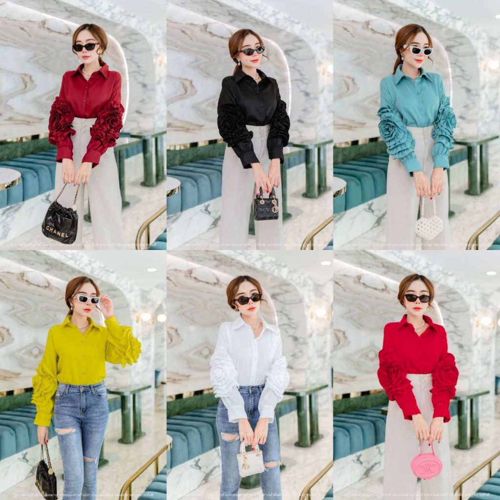 เสื้อเชิ้ตคอปกแขนยาวดีเทลแต่งระบายเป็นรูปดอกไม้ช่วงแขนเก๋ๆๆ สีคือสวยเวอร์