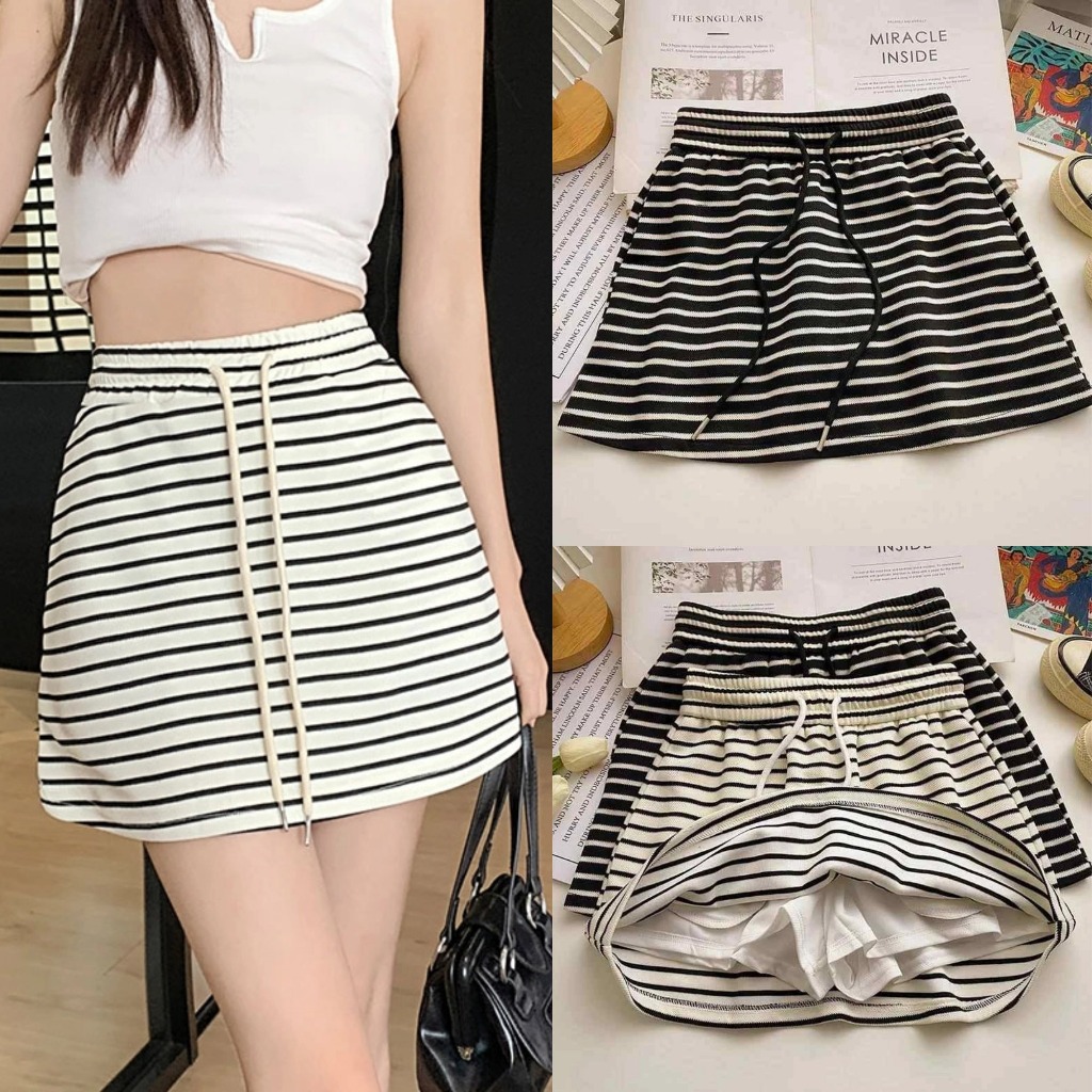 กระโปรงลำลอง กระโปรงสั้น ลายทาง เอวยืด สไตล์เกาหลี #150393