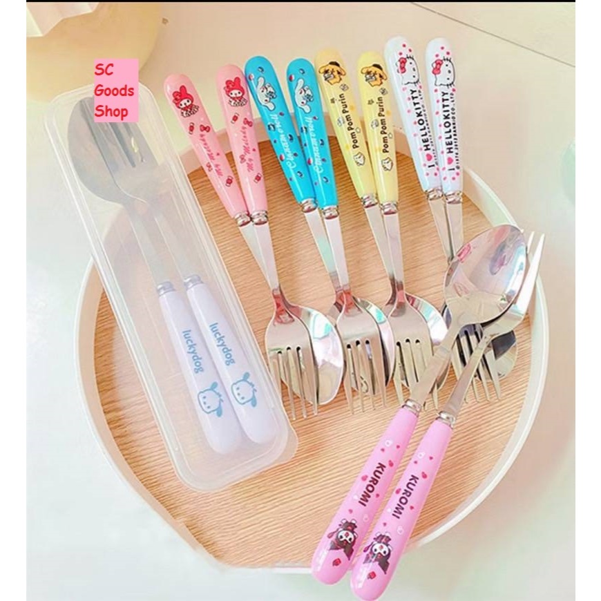 ช้อนส้อมเด็กสแตนเลส ลายการ์ตูนSanrio Kuromi Hello kitty Cinnamorolls พร้อมกล่องพกพา