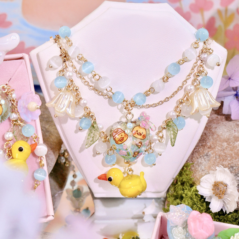 A128 สร้อยคอเป็ดน้อยริมบึง - The Duck Ripple Necklace 14K 41 - 47 cm พร้อมกล่องชมพู