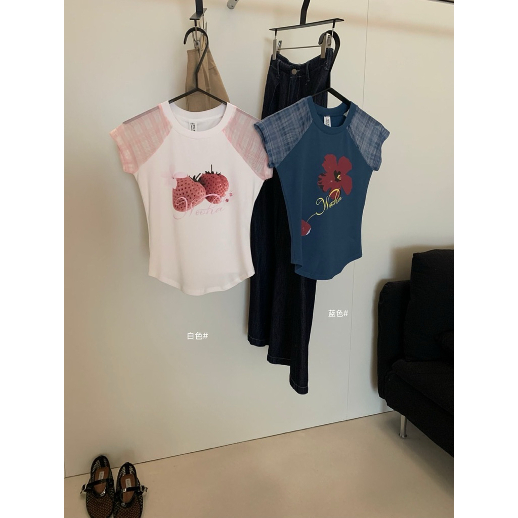 WG.WE 5801 🌺🍓 เสื้อยืดคอกลมแขนสั้น ต่อแขนผ้ามุ้ง สกรีนลายด้านหน้า - รูปที่ 5