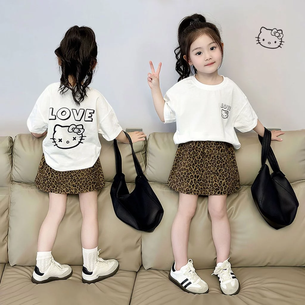 Beryl kids🌸ชุดสูทเด็กผู้หญิง🎀ชุดเด็กลำลองสองชิ้น เสื้อยืดแขนสั้นการ์ตูนน่ารัก กระโปรงสั้นลายเสือ สไตล์เกาหลี ฤดูร้อน