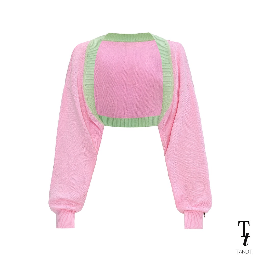 TandT - REESE PINK TOP - TWO-TONE BOLERO LONG SLEEVES KNITTED เสื้อคลุมไหล่คาร์ดิแกนแขนยาว ทอนิตติ้งแต่งสีขอบปก สีชมพู-