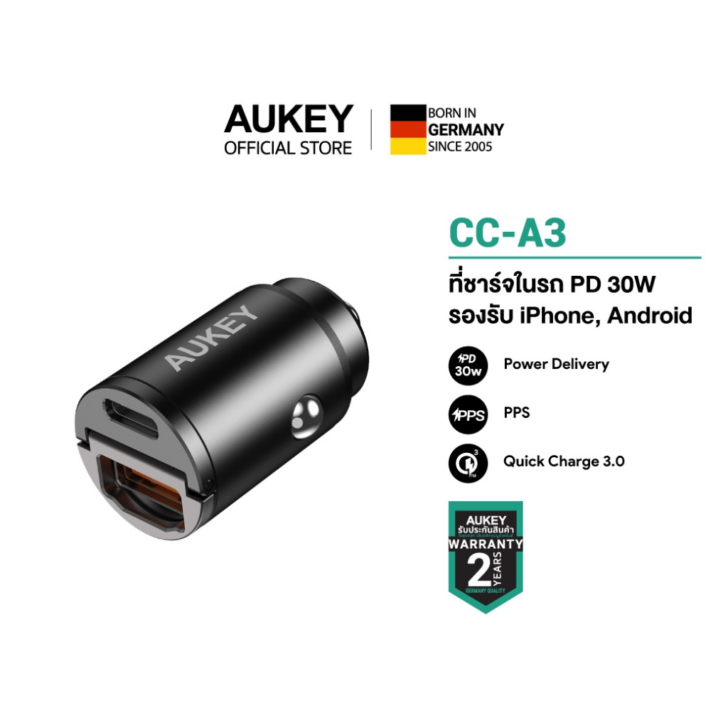 AUKEY CC-A3 ที่ชาร์จเร็วในรถ USB-C Power Delivery 30W Metal Dual Port Fast Car Charger with PPS รุ่น