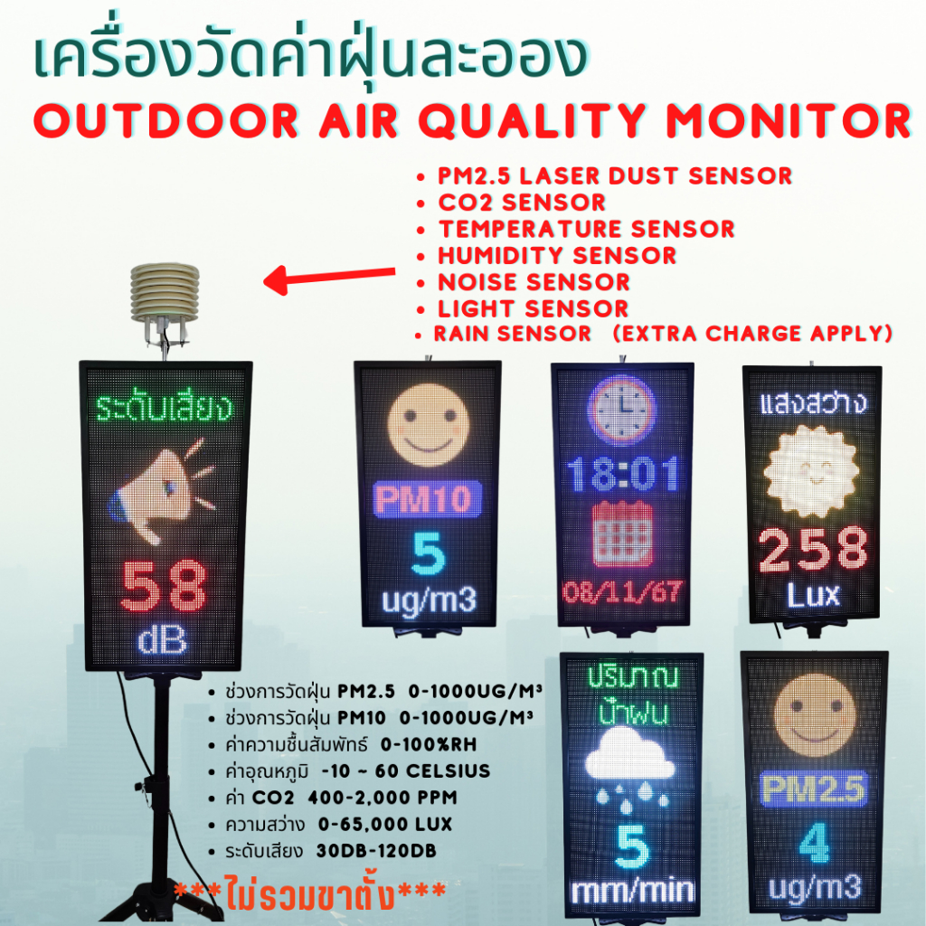 เครื่องวัดค่าฝุ่นละออง PM2.5 PM10 AIR QUALITY MONITOR 32x64cm LED P5 Outdoor เวลา วันที่ อุณหภูมิ คว