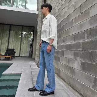 Golden Zebra Jeans กางเกงยีนส์ชายขาม้าฟ้าฟอกขัดด่าง สีสนิมเขียว #339