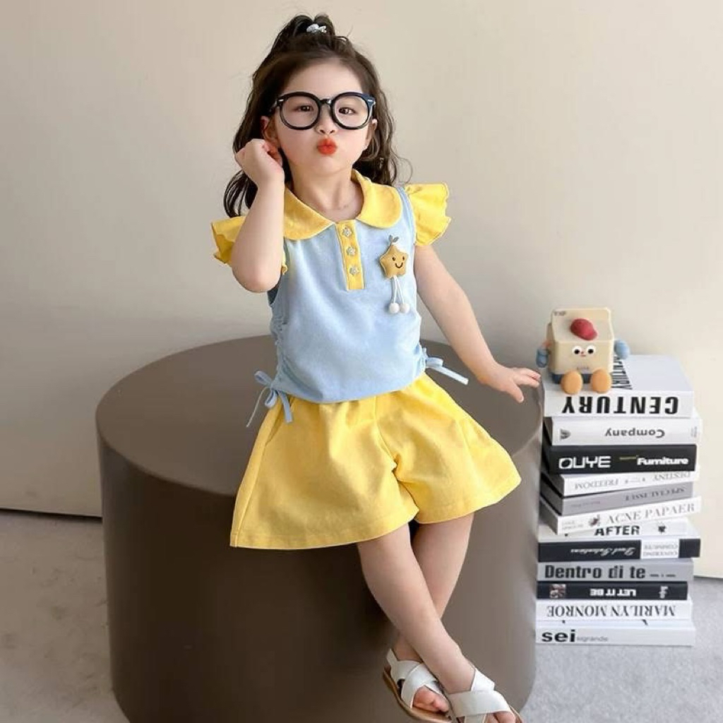 พร้อมส่ง🧸🧸 ชุดเด็กสองชิ้น ดาวน้อย เสืือฟ้าแขนระบายสีเหลือง +กางเกงสีเหลือง