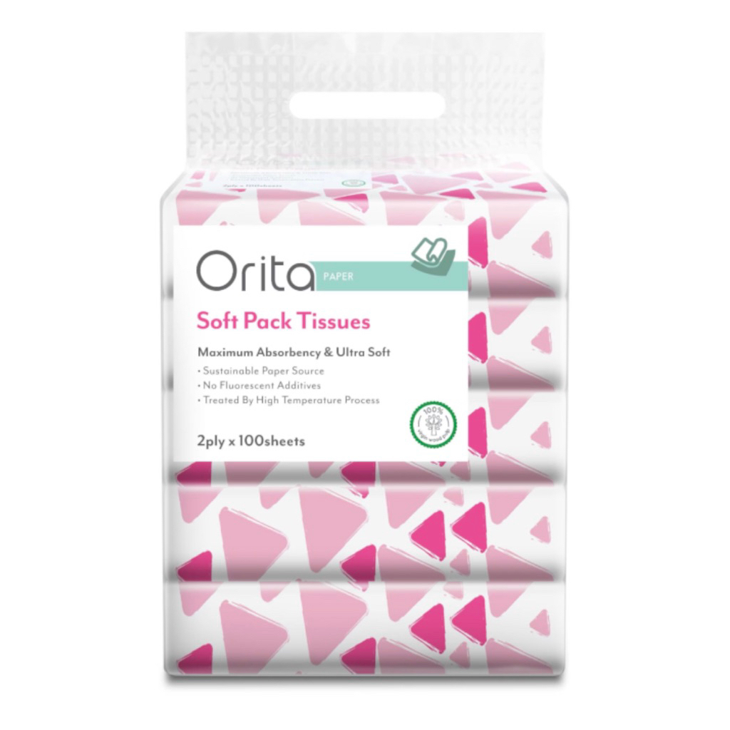 Orita โอริต้า กระดาษเช็ดหน้า แบบซอฟแพ็ค 2 ชั้น 100แผ่น บรรจุ 5แพ็ค