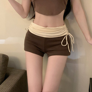 กางเกงขาสั้นเอวสูงจีบสีตัดกันสุดฮอตสำหรับผู้หญิงในฤดูร้อนดีไ…