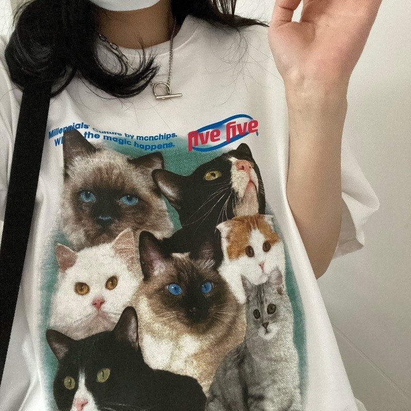 🚚【จัดส่งจากไทย】เสื้อยืดลายแมวสุดน่ารักเวอร์ชั่นเกาหลี แขนสั้น คอกลม ผ้าเนื้อนุ่ม สวมใส่สบาย
