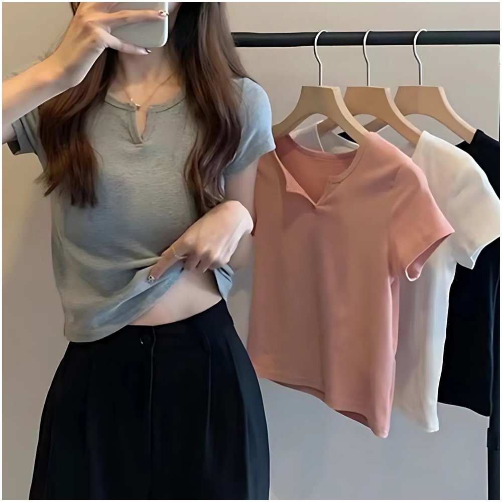 HMB® เสื้อยืดผู้หญิง คอวี แขนสั้น M-2XL ผ้าคอตตอนผสม เนื้อผ้านิ่ม ดีไซน์ทรงเข้ารูป สไตล์สาวเกาหลี t2