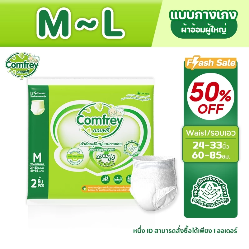 [M-XL 2ชิ้น] Comfrey ลด 50% แพมเพิสผู้ใหญ่แบบกางเกง ราคาประหยัด ไซส์ M-XL 2ชิ้น