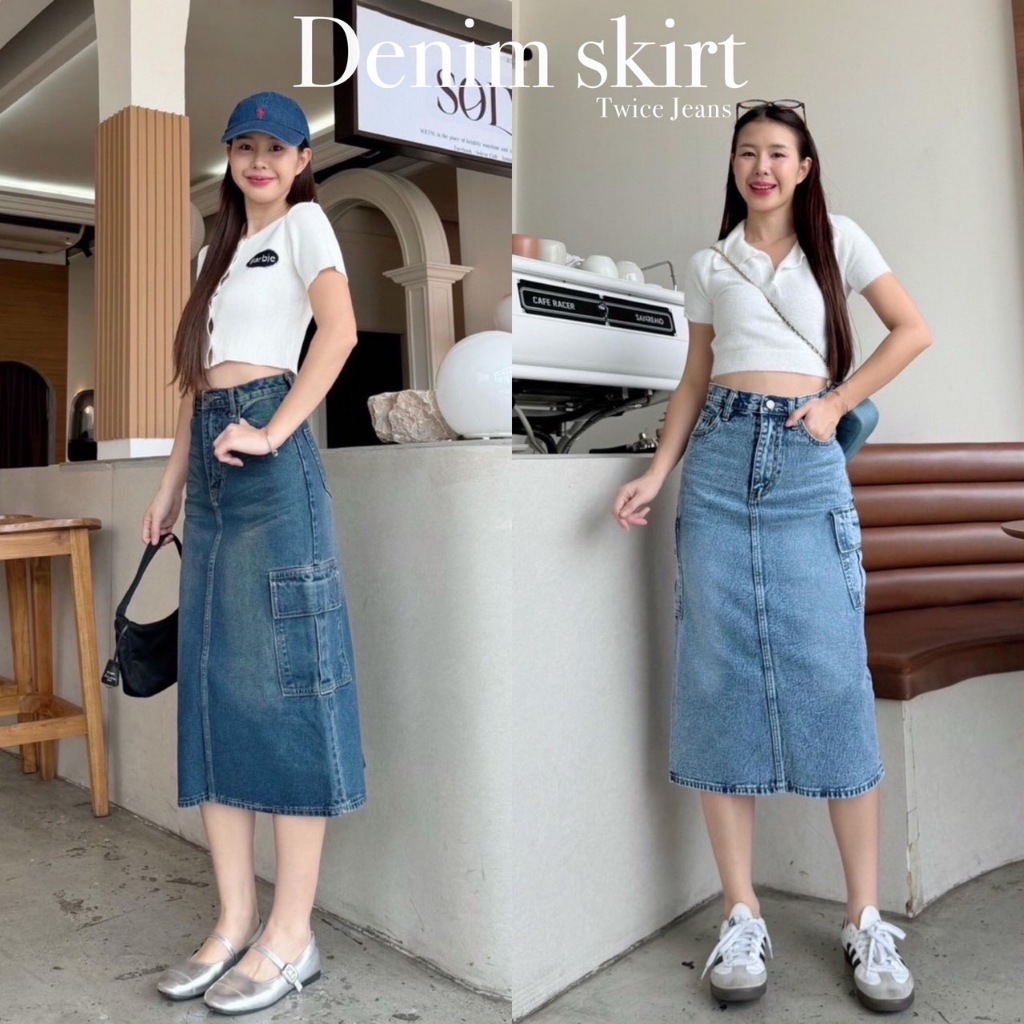 Twicejeans กระโปรงยีนส์ ผ้าไม่ยืด เอวสูง กระเป๋าคาร์โก้ สุดปัง(S-5XL)