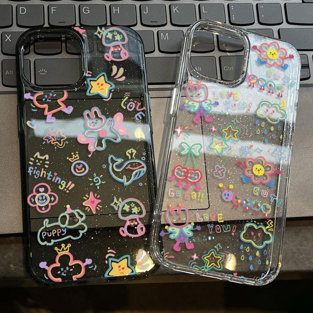 iPhone 16 Pro Max iPhone 11 เคสใสแบบแวววาว TPU นุ่มสีสันสด ลายการ์ตูนสีสันสดใสน่ารัก Compatible iPhone15 Pro max
