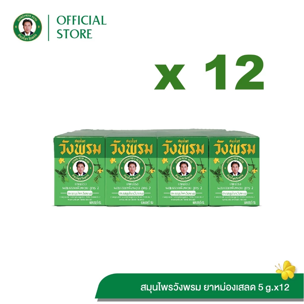 Wangpromherb สมุนไพรวังพรม ยาหม่องผสมเสลดพังพอน สูตร2 ขนาด 5 กรัม ( 12 ขวด)